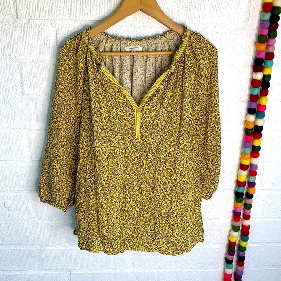 Max Studio Yellow V neck Floral Flowy Blouse sz S - Picture 1 of 7
